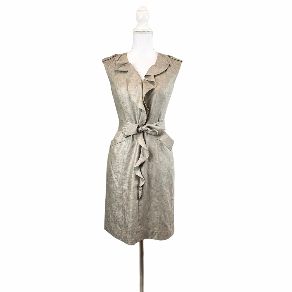 Anthro Classiques‎ Entier Sleeveless Ruffle Neck Tie Waist Sheath Dress Career